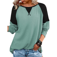 Waffle stitching long sleeve round neck T-shirt top for women 21