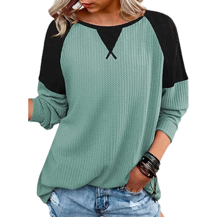 Waffle stitching long sleeve round neck T-shirt top for women 21