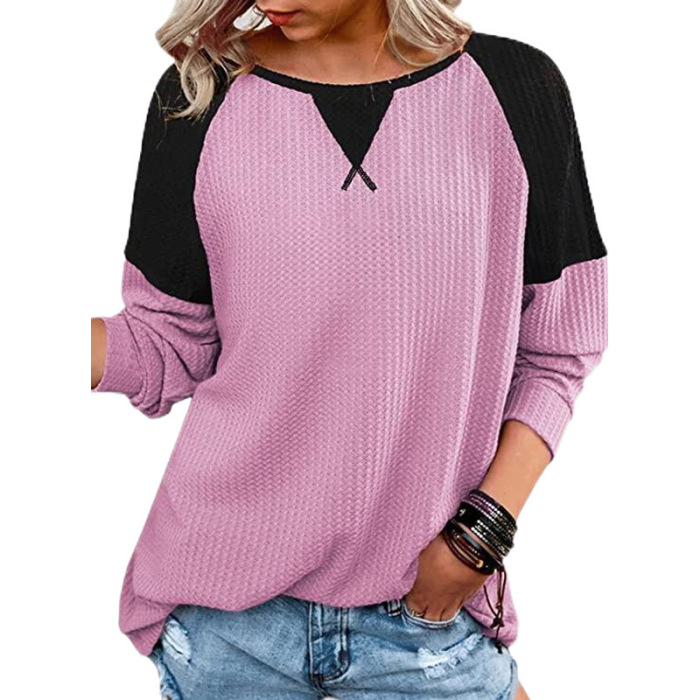 Waffle stitching long sleeve round neck T-shirt top for women 21