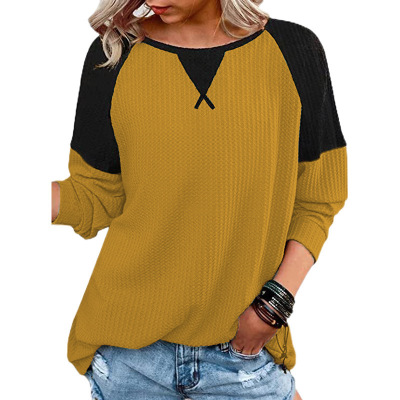 Waffle stitching long sleeve round neck T-shirt top for women 21