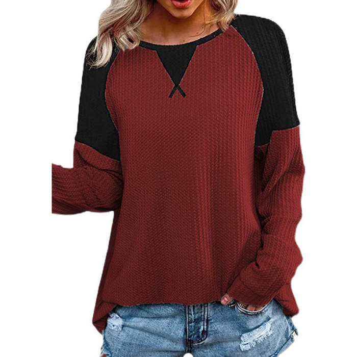 Waffle stitching long sleeve round neck T-shirt top for women 21
