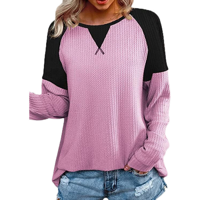 Waffle stitching long sleeve round neck T-shirt top for women 21