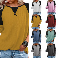 Waffle stitching long sleeve round neck T-shirt top for women 21