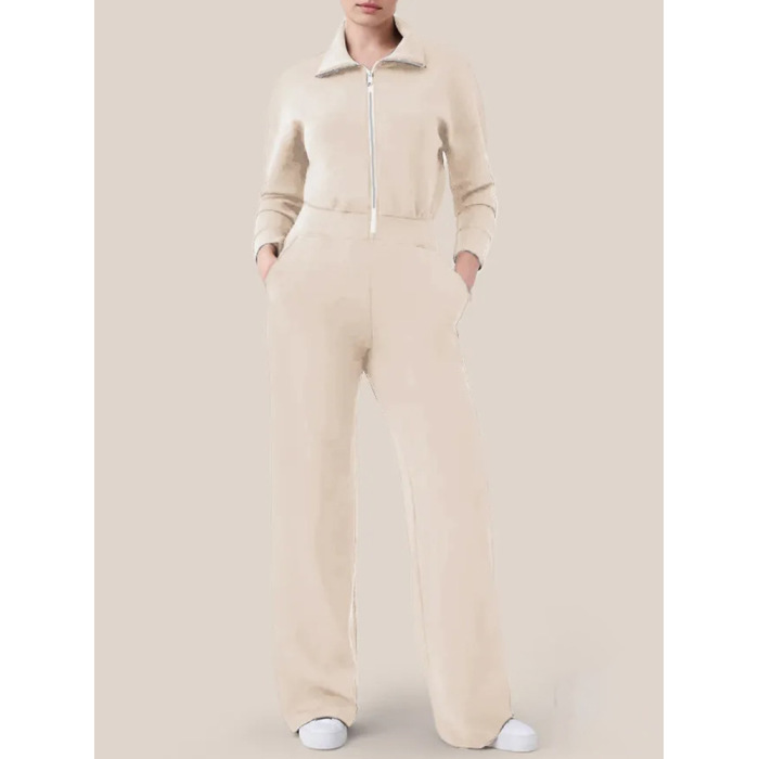 Women's Long Sleeve Wide Leg Jumpsuit Zipper Lapel Sweatshirt Set 19