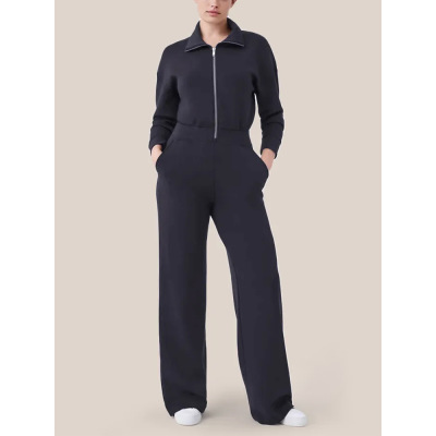 Women's Long Sleeve Wide Leg Jumpsuit Zipper Lapel Sweatshirt Set 19