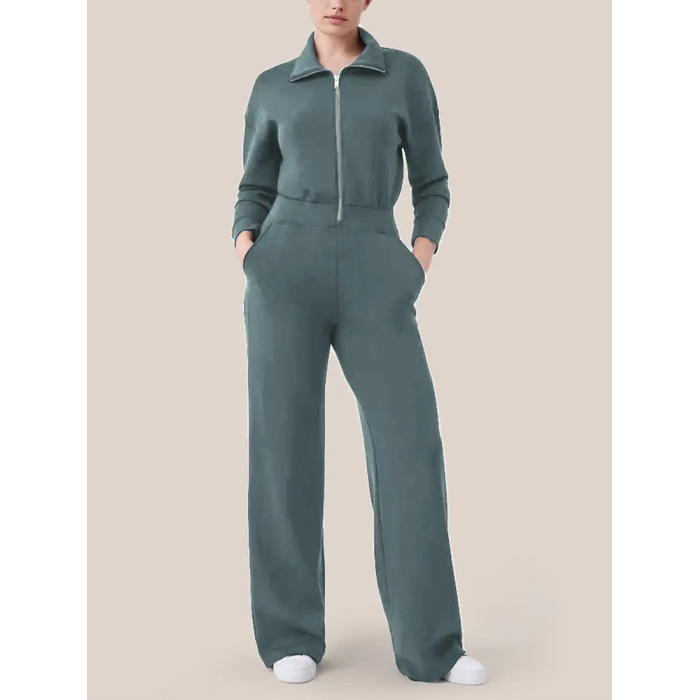 Women's Long Sleeve Wide Leg Jumpsuit Zipper Lapel Sweatshirt Set 19