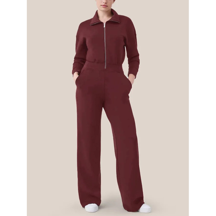 Women's Long Sleeve Wide Leg Jumpsuit Zipper Lapel Sweatshirt Set 19