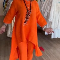 Women's solid color casual loose long-sleeved cotton and linen suit 17
