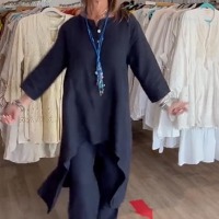 Women's solid color casual loose long-sleeved cotton and linen suit 17