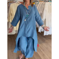 Women's solid color casual loose long-sleeved cotton and linen suit 17