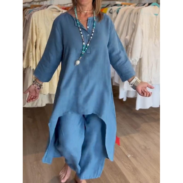 Women's solid color casual loose long-sleeved cotton and linen suit 17