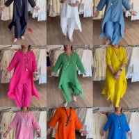 Women's solid color casual loose long-sleeved cotton and linen suit 17