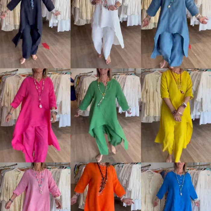Women's solid color casual loose long-sleeved cotton and linen suit 17