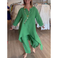 Women's solid color casual loose long-sleeved cotton and linen suit 17