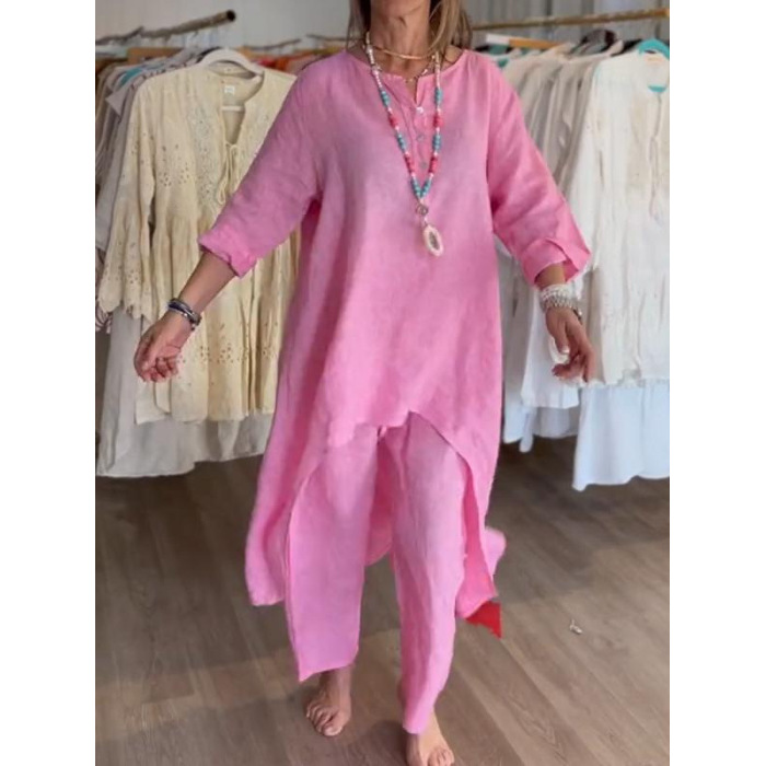 Women's solid color casual loose long-sleeved cotton and linen suit 17