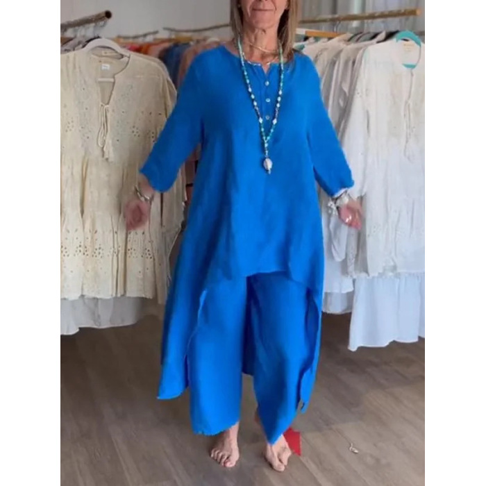 Women's solid color casual loose long-sleeved cotton and linen suit 17