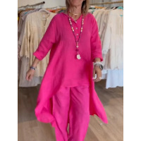Women's solid color casual loose long-sleeved cotton and linen suit 17
