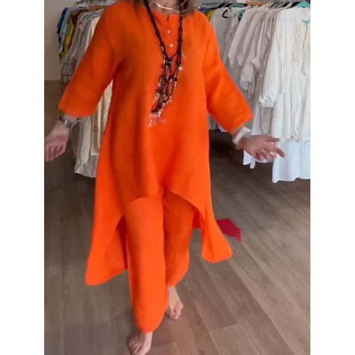 Women's solid color casual loose long-sleeved cotton and linen suit 17