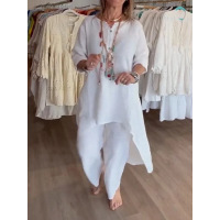 Women's solid color casual loose long-sleeved cotton and linen suit 17