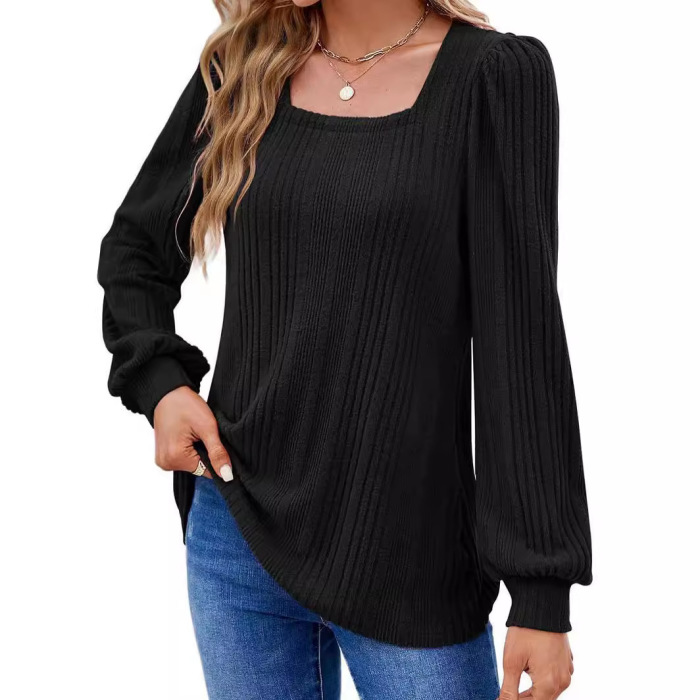 Women's square neck fashionable casual long-sleeved top 10