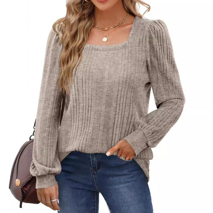 Women's square neck fashionable casual long-sleeved top 10