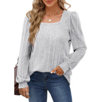 Women's square neck fashionable casual long-sleeved top 10