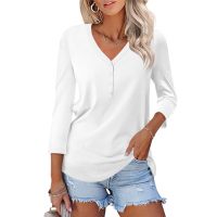 Women's V-neck solid color casual long-sleeved T-shirt 28