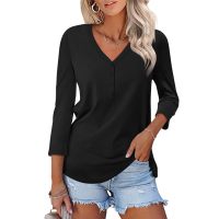 Women's V-neck solid color casual long-sleeved T-shirt 28