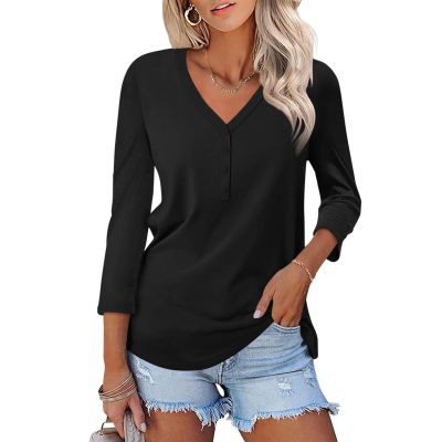 Women's V-neck solid color casual long-sleeved T-shirt 28