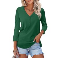Women's V-neck solid color casual long-sleeved T-shirt 28
