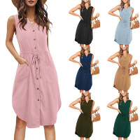 Casual Sleeveless V-Neck Button Tie Pocket Dress 40