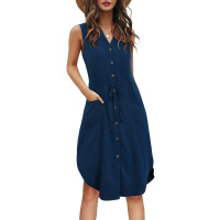 Casual Sleeveless V-Neck Button Tie Pocket Dress 40