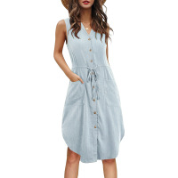 Casual Sleeveless V-Neck Button Tie Pocket Dress 40