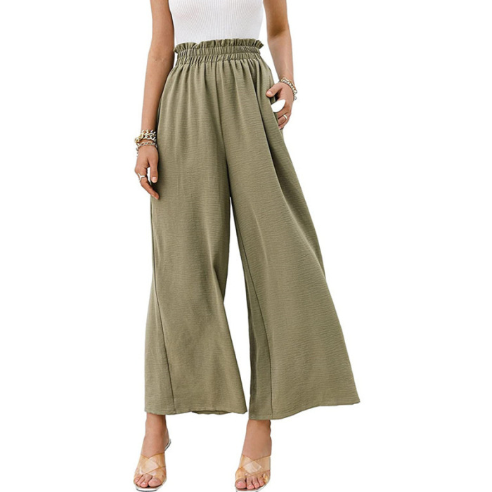 Cotton and linen solid color high waist loose casual wide leg pants 37