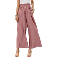 Cotton and linen solid color high waist loose casual wide leg pants 37