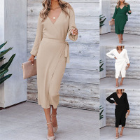 Long Elegant V-neck Knitted Dress 55