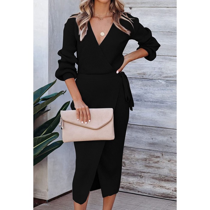 Long Elegant V-neck Knitted Dress 55