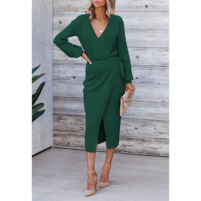 Long Elegant V-neck Knitted Dress 55