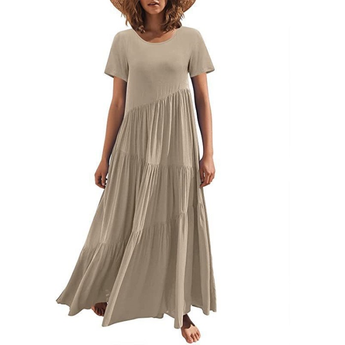 Maxi Short Sleeves Round Neck Layered Beach Maxi Dress 42