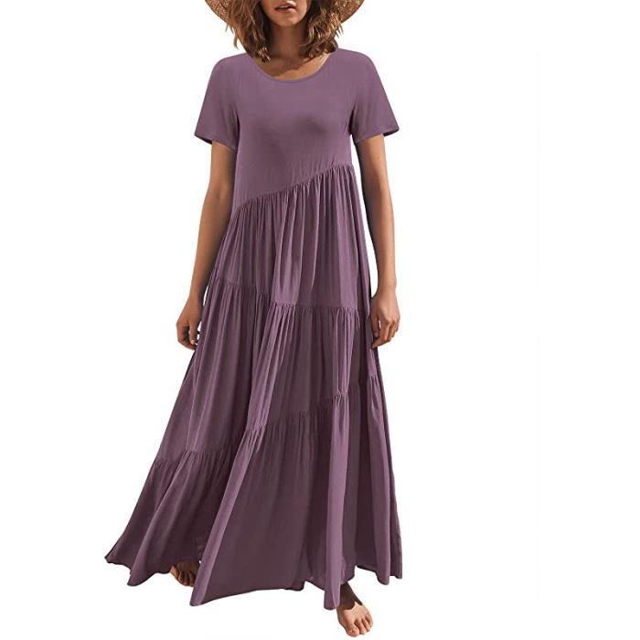 Maxi Short Sleeves Round Neck Layered Beach Maxi Dress 42