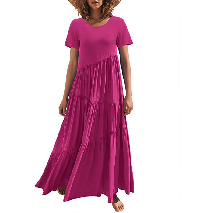 Maxi Short Sleeves Round Neck Layered Beach Maxi Dress 42