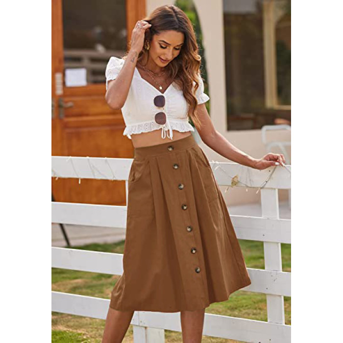 Skirt Casual Button A-Line Skirt High Waist Midi Skirt 45