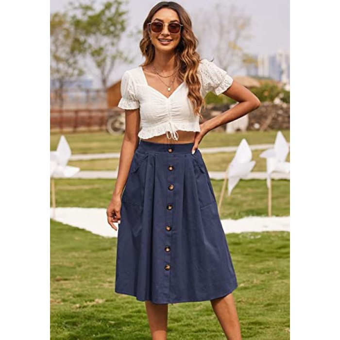 Skirt Casual Button A-Line Skirt High Waist Midi Skirt 45