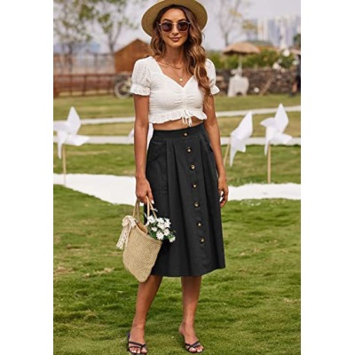Skirt Casual Button A-Line Skirt High Waist Midi Skirt 45