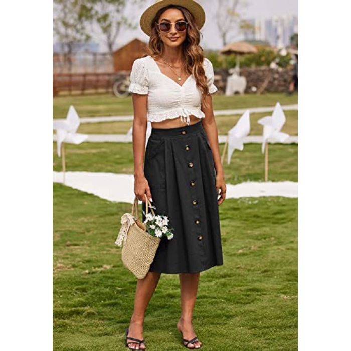 Skirt Casual Button A-Line Skirt High Waist Midi Skirt 45