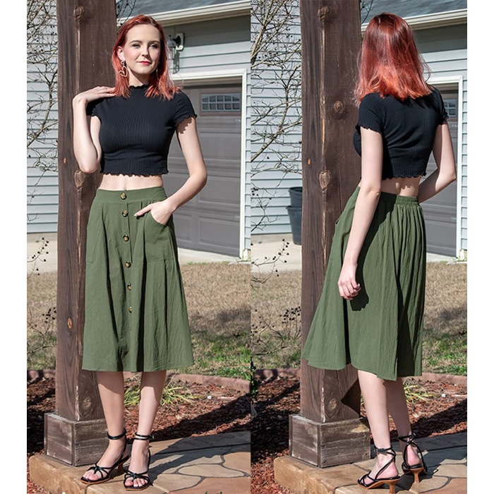 Skirt Casual Button A-Line Skirt High Waist Midi Skirt 45