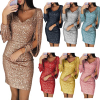 Sparkling Tassel Long Sleeve Slim Fit Hip Dress 60