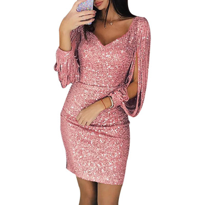 Sparkling Tassel Long Sleeve Slim Fit Hip Dress 60