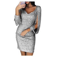 Sparkling Tassel Long Sleeve Slim Fit Hip Dress 60