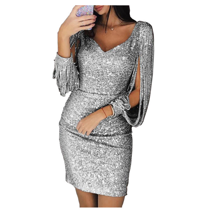 Sparkling Tassel Long Sleeve Slim Fit Hip Dress 60